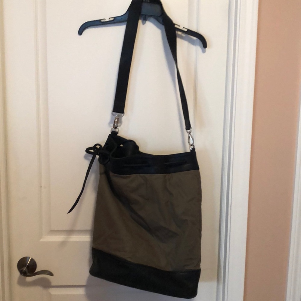 Large Ladies Bucket Purse Taupe with Black Leather Trim